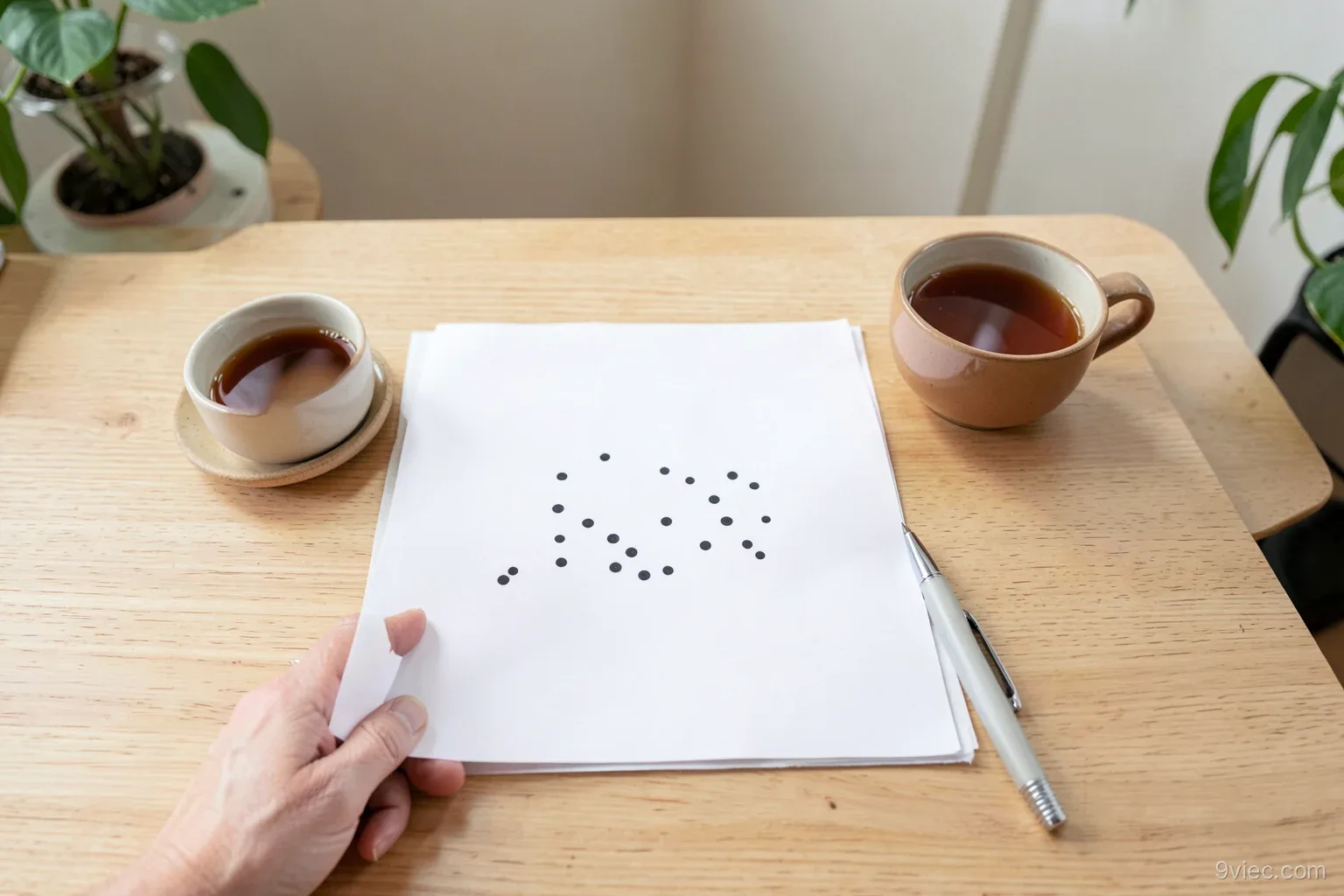 Top-down view of a hand marking dots on a blank sheet beside a cup of coffee and a pen on a light wooden table