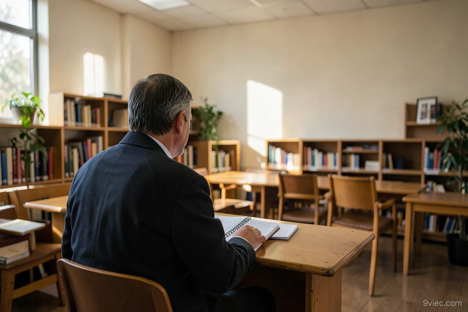 Wide shot of a quiet public library reading room in afternoon light, a lone job seeker with a notebook, seen from behind